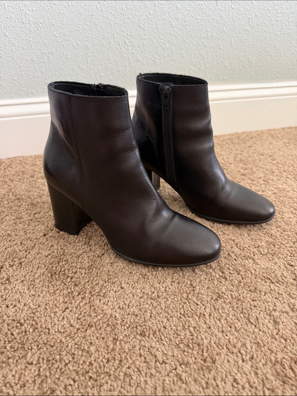 Classic Dark Black Leather Ankle Booties with Side Zip